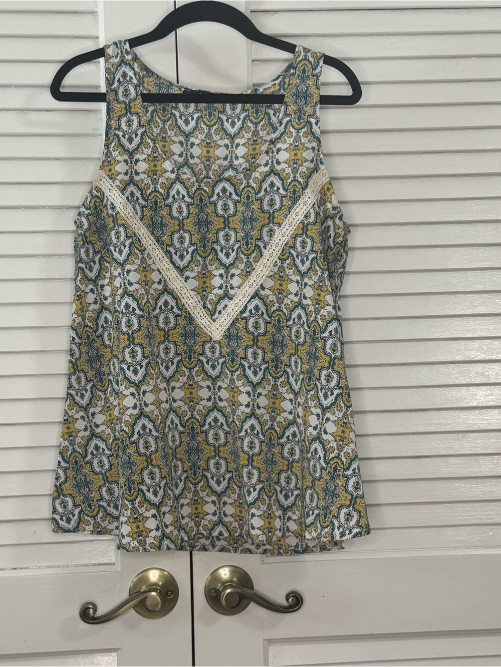 Caramel Printed Crochet-Trim Sleeveless Tank Top - White/Green/Yellow